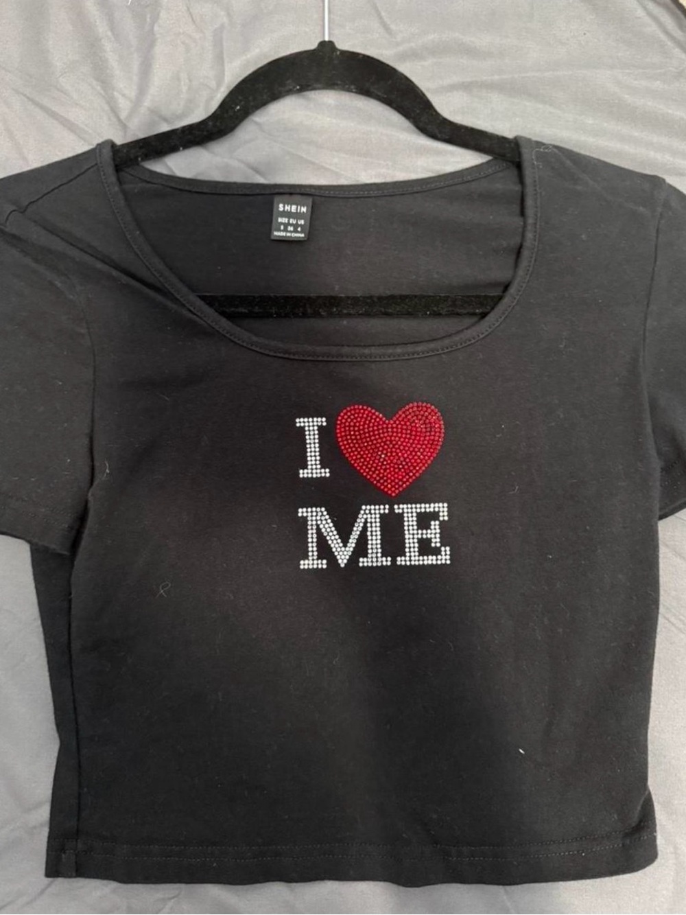 SHEIN Black Rhinestone 'I ♥ ME' Cropped Tee
